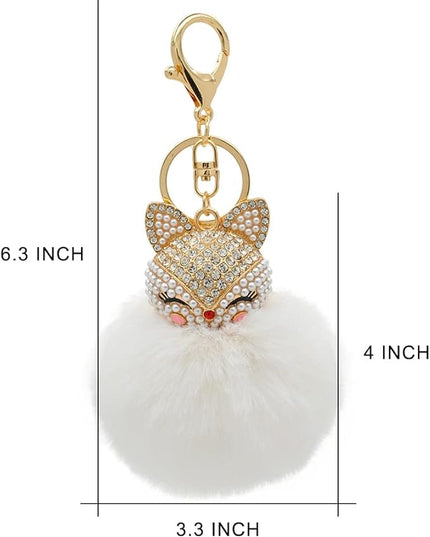 Faux Rabbit Fur Ball Pom Pom Keychain with Fox Head Studded with pearl Rhinestone for Womens Bag Car Key Decoration