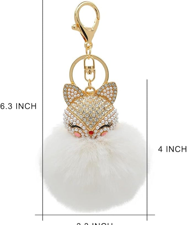 Faux Rabbit Fur Ball Pom Pom Keychain with Fox Head Studded with pearl Rhinestone for Womens Bag Car Key Decoration