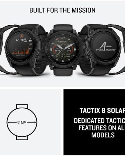 Wearable4U Garmin Tactix 8, 51mm Solar, Elite, Titanium Bezel, Sapphire Lens, Premium Tactical GPS Smartwatch, Includes Applied Ballistics Ultralight Elite Solver, 40 M Dive Rating w Earbuds Bundle