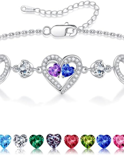 Iefil Valentines Day Gifts for Her - 925 Sterling Silver Heart Birthstone Bracelet Birthday Anniversary Jewelry Gifts for Her Wife
