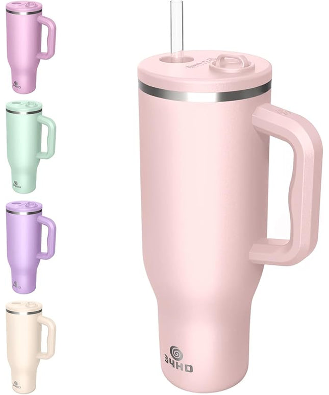 34HD 40 oz Stainless Steel Tumbler - Leakproof Insulated Water Bottle with Handle, Magnetic Lid and Flexible Straw - Iced for 48 Hours – Perfect for Men, Women, Birthday Gift, Pink - Rose Dust