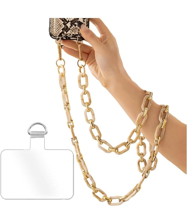 Phone Crossbody Chain Cell Phone Lanyard,Acrylic Shouder Strap Universal Cellphone Chain Strap with Tether Patches Compatible with Most Phones Bag Purse Beige