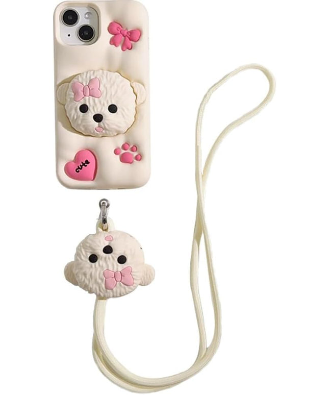 Case Compatible with iPhone 15 Pro Max,Cute 3D Kawaii Funny Dog Stand White Cartoon Cover with Keychain Soft Silicone Gel Drop Protector Women Girls