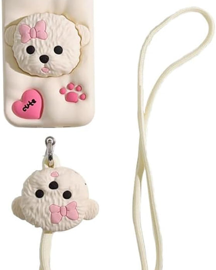 Case Compatible with iPhone 12 Pro Max,Cute 3D Kawaii Funny Dog Stand White Cartoon Cover with Keychain Soft Silicone Gel Drop Protector Women Girls