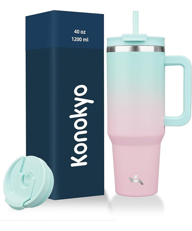 40 oz Tumbler with Handle and 2 Straws,2 in 1 Lid Insulated Water Bottle Stainless Steel Travel Coffee Mug,Gum