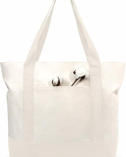 TOPDesign 3-Pack Canvas Tote Bags with an External Pocket, Reusable Grocery Shopping Bags, Top Zipper Closure, Daily Essentials (Natural)