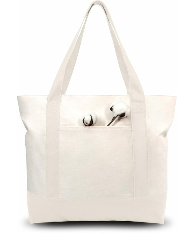 TOPDesign 3-Pack Canvas Tote Bags with an External Pocket, Reusable Grocery Shopping Bags, Top Zipper Closure, Daily Essentials (Natural)