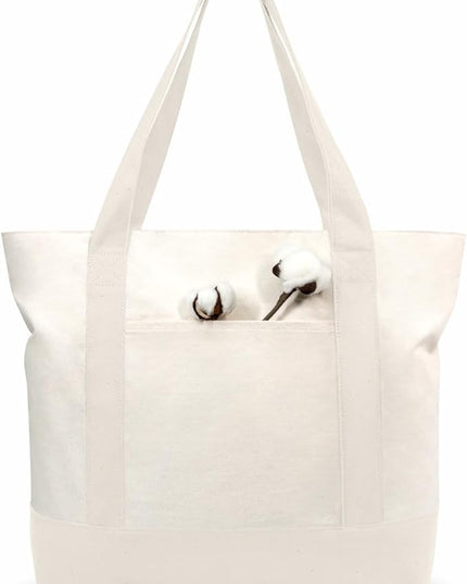 TOPDesign 6-Pack Canvas Tote Bags with an External Pocket, Reusable Grocery Shopping Bags, Top Zipper Closure, Daily Essentials (Natural)