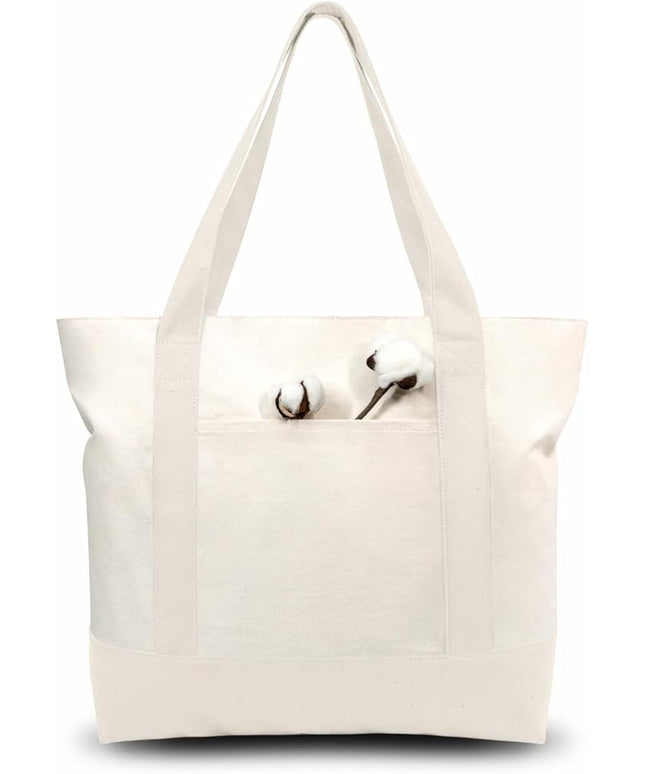 TOPDesign 6-Pack Canvas Tote Bags with an External Pocket, Reusable Grocery Shopping Bags, Top Zipper Closure, Daily Essentials (Natural)