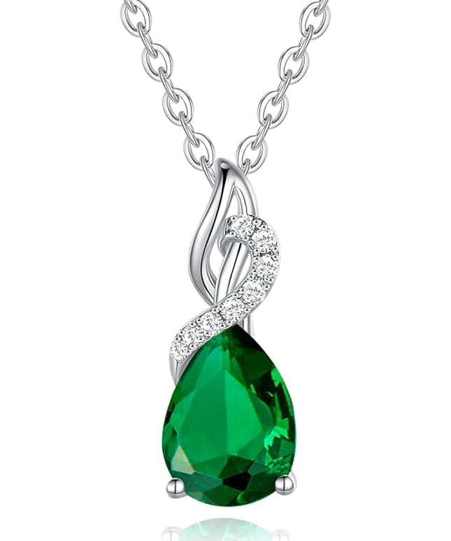 FANCIME 14K Solid White Gold Teardrop Pendant with Diamond Birthstone Necklace