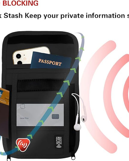 Travel Neck Wallet with RFID Blocking – Passport Holder Organizer Neck Pouch – Portable Easy to Conceal Travel Pouch (PVC Black)