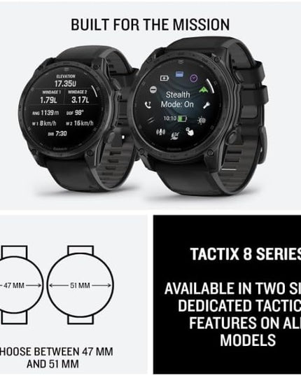 Garmin Tactix 8, 47mm AMOLED Display, Titanium Bezel, Sapphire Lens, Premium Tactical GPS Smartwatch, Includes Applied Ballistics Ultralight Solver, 40M Dive Rating, w/Wearable4U BlackEarbuds Bundle