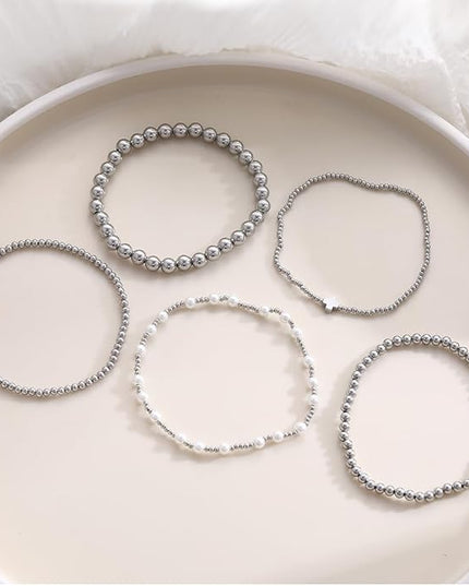 Gold Beaded Bracelets for Women, 14K Real Gold Plated Jewelry for Women Dainty Pearl Bead Bracelets Stack, Non Tarnish Trendy Stackable Ball Cross Stretch Bracelet Set Fashion Accessories Gifts