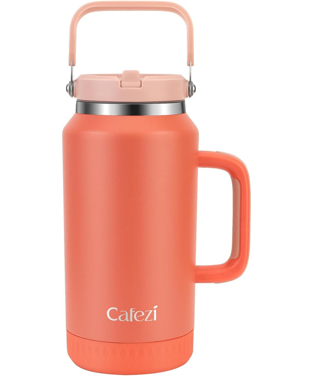 64oz Stainless Steel Water Bottle with Flip Straw - Leak-Proof, Sweat-Free, Top and Side Handle, Anti-Slip Base, Iced for 34 Hours, Dishwasher Safe - Water Jug for Sports Events, Beach Days