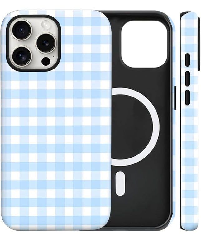 Magnetic for iPhone 13/14 Case Cute Checkered Stripes Phone Case for Women Girls, Shockproof Slim TPU and Hard PC Protective Phone Cover Compatible with MagSafe Designed, Blue