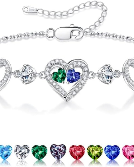 Iefil Valentines Day Gifts for Her - 925 Sterling Silver Heart Birthstone Bracelet Birthday Anniversary Jewelry Gifts for Her Wife