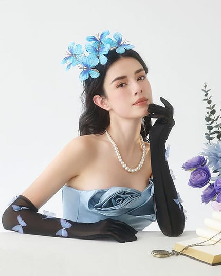 BABEYOND Lace Gloves for Women - Princess Gloves Long Stretchy Butterflies Mesh Tulle Sheer for Costume Tea Party