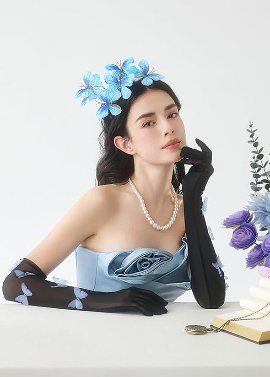 BABEYOND Lace Gloves for Women - Princess Gloves Long Stretchy Butterflies Mesh Tulle Sheer for Costume Tea Party