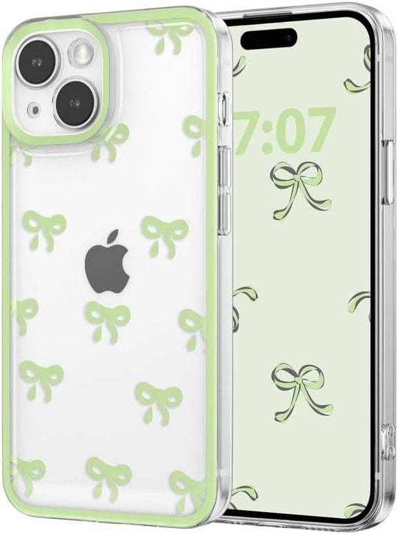 Designed for iPhone Case,Clear Cute Ribbon Bowknot Pattern Aesthetic Transparent Phone Case Raised Camera Protection Stylish Slim Soft Phone Case (Green,iPhone 15 Pro Max)