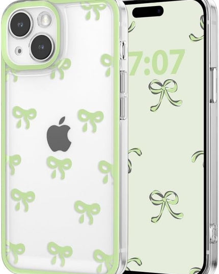 Designed for iPhone Case,Clear Cute Ribbon Bowknot Pattern Aesthetic Transparent Phone Case Raised Camera Protection Stylish Slim Soft Phone Case (Green,iPhone 13 Pro)