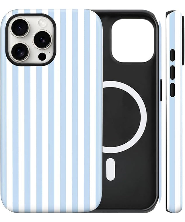 Magnetic for iPhone 12 Pro Max Case Cute Stripes Phone Case, Shockproof Slim TPU and Hard PC Protective Phone Cover Compatible with MagSafe Designed for Women Girls, Blue and White