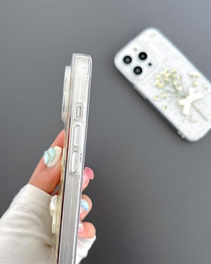 for iPhone 14 Plus [White Flower Bow Case][Full Star Real Flower Gold Foil Transparent Case][Press Dry Real Flower with Bracelet Case] Soft TPU for Women and Girls 6.7"