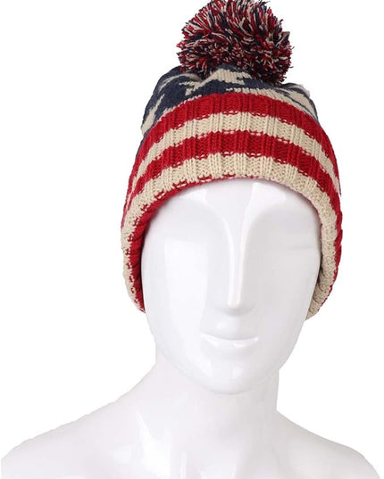 Parquet American Flag Knit Pom Beanie Ski Hat with Stars