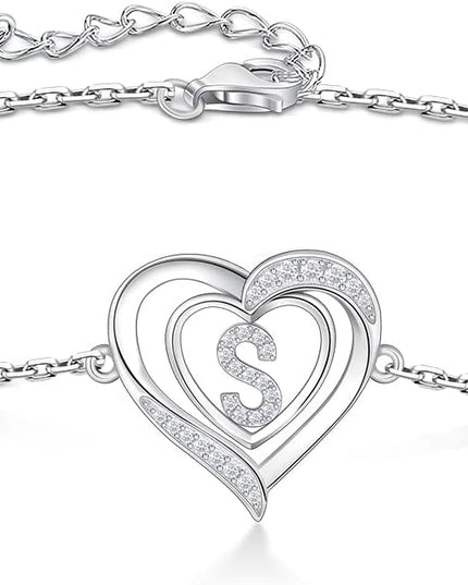 RIVIKO Heart Initial Bracelets for Women,925 Sterling Silver Letter Bracelets, Personalized Charm Alphabet Jewelry Valentines Christmas Mother’s Day Birthday Gifts for Women Friend Her Mom Wife Lady