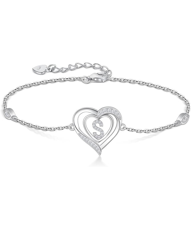 RIVIKO Heart Initial Bracelets for Women,925 Sterling Silver Letter Bracelets, Personalized Charm Alphabet Jewelry Valentines Christmas Mother’s Day Birthday Gifts for Women Friend Her Mom Wife Lady