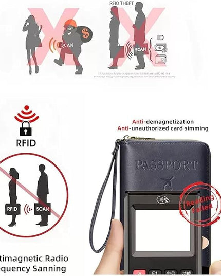 Multi-Functional RFID Passport Wallet,Travel Wallet for Men & Women,With zipper, anti-theft passport holder，Slim Leather Cover for Credit Cards, Tickets, Cash (Brown)