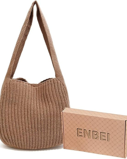 ENBEI Women's Crochet Tote Bag Knit Shoulder bag,Aesthetic Bag,Cute Eco-Friendly Tote for Travel,Daily Use,Gift Box Packaging