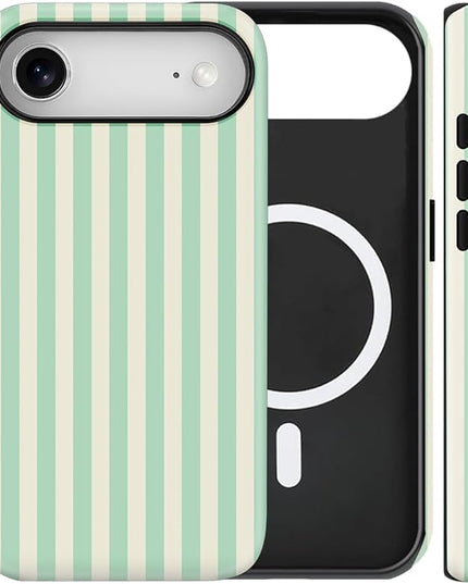 Magnetic for iPhone 17 Air Case Cute Stripes Phone Case, Shockproof Slim TPU and Hard PC Protective Phone Cover Compatible with MagSafe Designed for Women Girls, Light Green