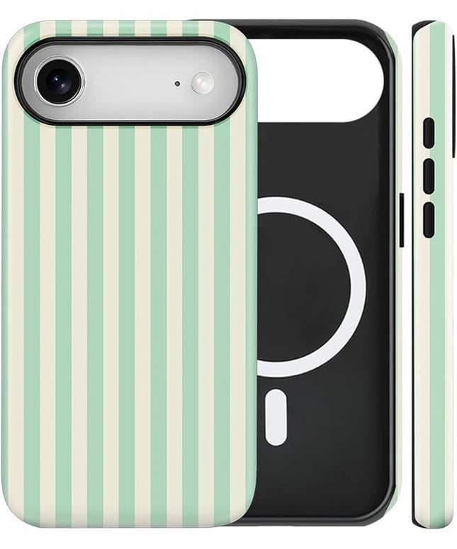 Magnetic for iPhone 17 Air Case Cute Stripes Phone Case, Shockproof Slim TPU and Hard PC Protective Phone Cover Compatible with MagSafe Designed for Women Girls, Light Green