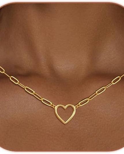 Cute Heart Necklace Dainty 18k Gold Plated Tiny Heart Pendant Choker Necklaces Small Gold Love Open Heart Chain Necklace for Women Simple Gold Necklace for Women Trendy Jewelry