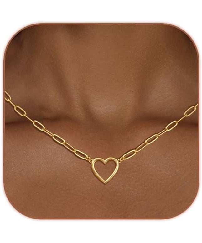Cute Heart Necklace Dainty 18k Gold Plated Tiny Heart Pendant Choker Necklaces Small Gold Love Open Heart Chain Necklace for Women Simple Gold Necklace for Women Trendy Jewelry