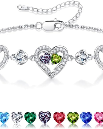 Iefil Valentines Day Gifts for Her - 925 Sterling Silver Heart Birthstone Bracelet Birthday Anniversary Jewelry Gifts for Her Wife
