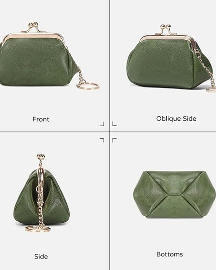 Genuine Leather Wallet Retro Kiss Lock Change Pouch Portable Coin Purse Key Case for Women Gift Box Black (Green)