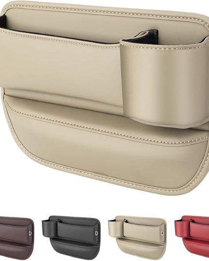 Car Leather Cup Holder Gap Bag,2025 Upgrade Car Storage Box with Cup Holder,Seat Storage Box Gap Filler Organizer for Glasses Phone Keys and Cards (Beige, Passenger Seat)