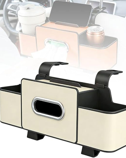Multifunctional Car Seat Back Storage Box, 2026 New Seat Back Bag, Car Seat Tissue Box and Storage Box with 2 Cup Holders, Universal Back Seat Car Organizer for Organizer (White)