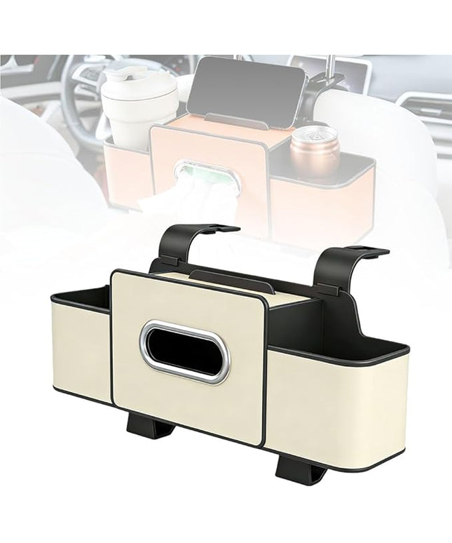 Multifunctional Car Seat Back Storage Box, 2026 New Seat Back Bag, Car Seat Tissue Box and Storage Box with 2 Cup Holders, Universal Back Seat Car Organizer for Organizer (White)