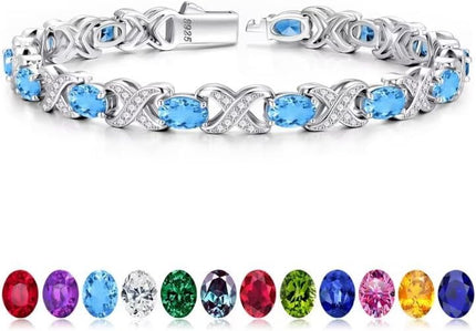 Iefil Valentines Day Gifts for Her, Oval Birthstone Tennis Bracelets for Women Wife Unique X O Design Fine Jewelry Anniversary Birthday Gift 925 Sterling Silver Birthstone Jewelry for Mom Girlfriend