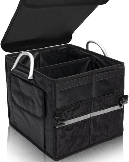 Trunk Organizer With Lid,Small,Black 28L,For SUV Car Truck,Collapsible Waterproof Oxford Fabric,Portable Multipurpose sorting,2-Compartments with Aluminium Alloy Handle