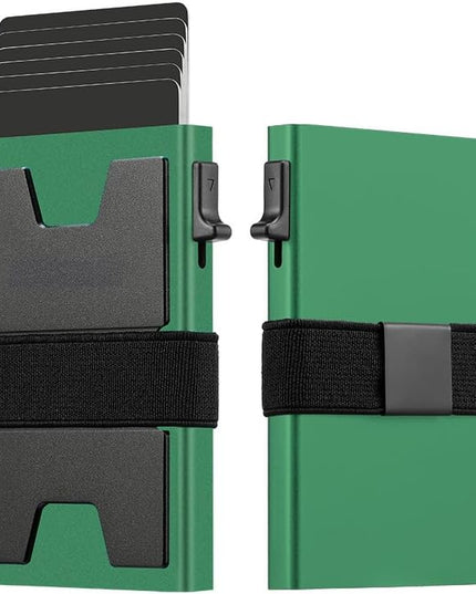 Jenoss Smart Pop Up Wallet for Men: Aluminum Card Holder Wallet, Slide Pop Up Case, Slim Metal RFID Blocking Credit Card Holder, Minimalist Compact 12+ Cards Slot Organizers ID Money Clip (Green)