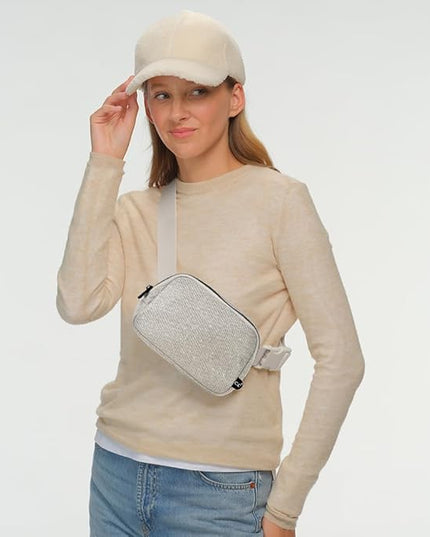 C.C Glitter Tiny Mesh Fanny Pack For Women Unisex - Shimmering Daily Waist Crossbody Belt bag With Adjustable Strap (Silver)
