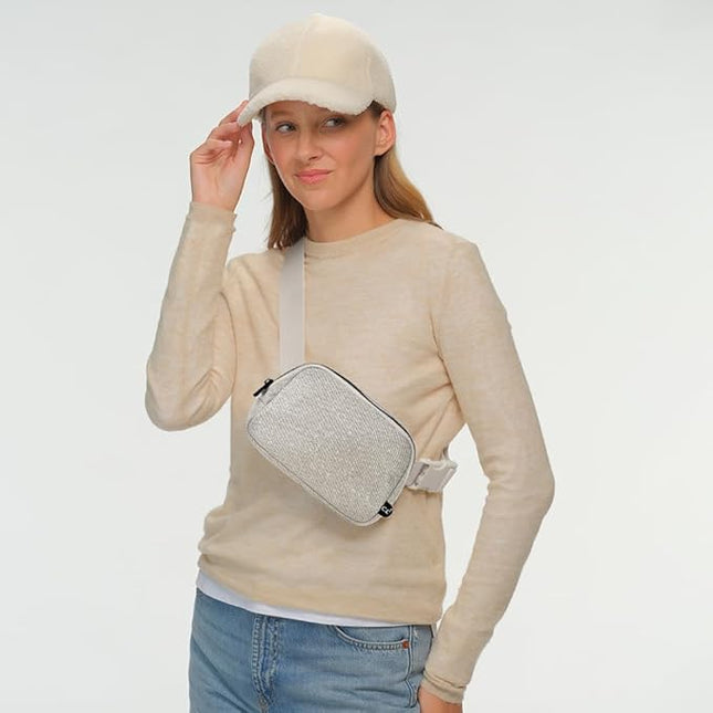 C.C Glitter Tiny Mesh Fanny Pack For Women Unisex - Shimmering Daily Waist Crossbody Belt bag With Adjustable Strap (Silver)