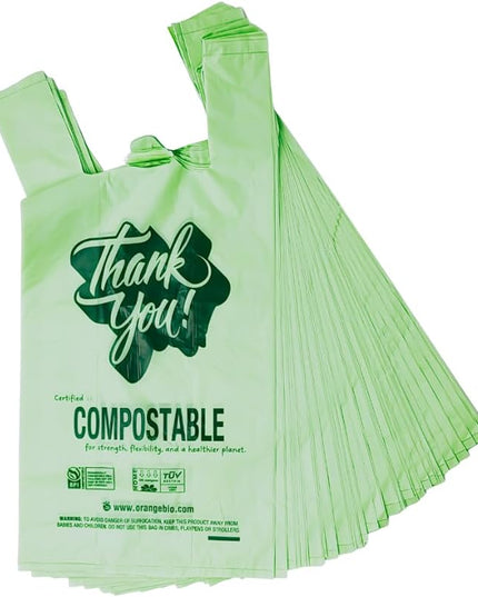 (Small) OrangeBio Certified Home Compostable Shopping Bags, 500 ct, Hold 12 lbs, 8" x 5" x 16.5", Thank You/Grocery/Take Out/T Shirt/To-Go Bags for Retail, Grocery Store
