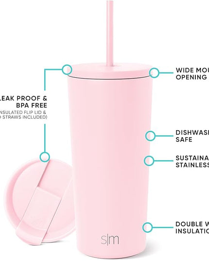 Simple Modern Insulated Tumbler with Lid and Straw | Iced Coffee Cup Reusable Stainless Steel Water Bottle Travel Mug | Gifts for Women Men Her Him | Classic Collection | 20oz | Blush