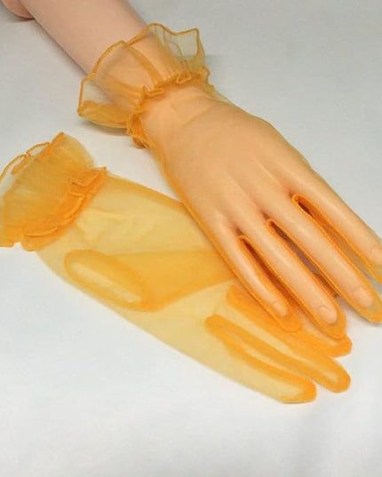 Women's Summer Tulle Gloves Pleated Ruffle Full Finger Wrist Length Opera Party Gloves