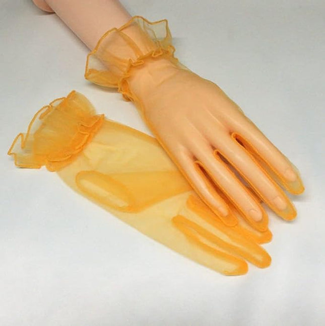 Women's Summer Tulle Gloves Pleated Ruffle Full Finger Wrist Length Opera Party Gloves