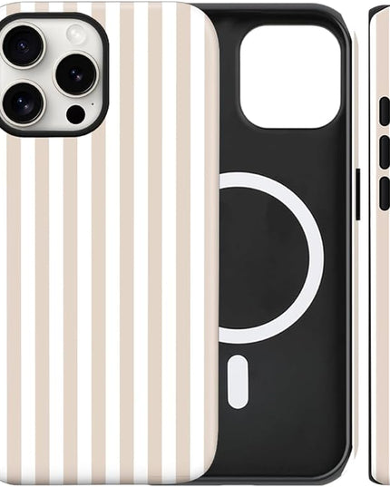 Magnetic for iPhone 15 Case Cute Stripes Phone Case, Shockproof Slim TPU and Hard PC Protective Phone Cover Compatible with MagSafe Designed for Women Girls, Apricot